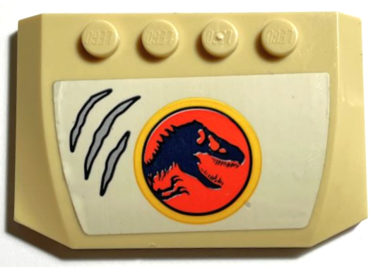 Lego Wedge 4 x 6 x 2/3 Triple Curved with Jurassic Park Logo and Claw Marks on White Background Pattern (Sticker) - Set 76941 / Tan