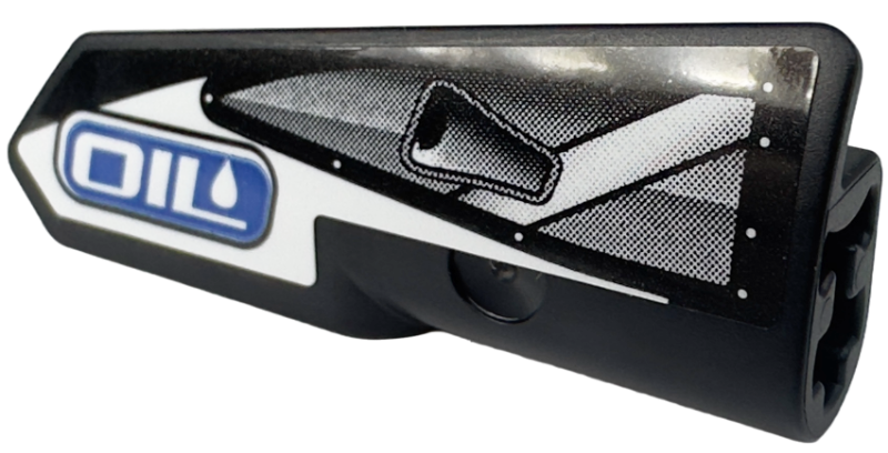 Lego Technic, Panel Fairing #21 Very Small Smooth, Side B with White 'OIL' on Blue Background and Silver Air Intake Pattern (Sticker) - Set 42153 / Black