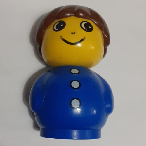 Lego Primo Figure Boy with Blue Base, White Buttons Print, Brown Hair / Blue