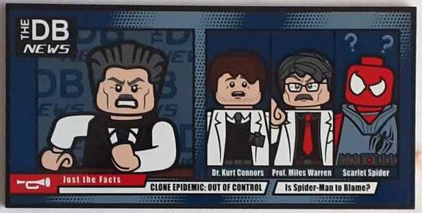 Lego Tile 8 x 16 with Bottom Tubes, Textured Surface with 'THE DB NEWS', 'Just the Facts', 'CLONE EPIDEMIC: OUT OF CONTROL', 'Is Spider-Man to Blame?', 'Dr. Kurt Connors', 'Prof. Miles Warren', 'Scarlet Spider' and Minifigures Pattern (Sticker) - Set 76178