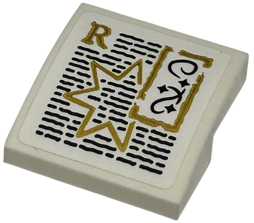 Lego Slope, Curved 2 x 2 x 2/3 with Gold Capital Letter R, Star and Border, Black Writing and Swirls Pattern (Sticker) - Set 76413