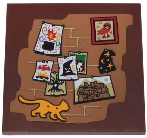 Lego Tile 6 x 6 with Bottom Tubes, Textured Surface with Brick Wall with Pinned Photos Red Owl, Black Hat, Cauldron and Tree, and Bright Light Orange Cat Pattern (Sticker) - Set 76437 / Reddish Brown