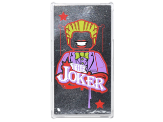 Lego Glass for Window 1 x 4 x 6 with 2 Red Stars, Joker Figure and 'THE JOKER' on Silver Mirrored Background Pattern (Sticker) - Set 76035 / Trans-Clear