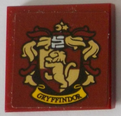 Lego Tile 2 x 2 with HP 'GRYFFINDOR' House Crest on Dark Red Background Pattern (Sticker) - Set 71043 / Dark Red