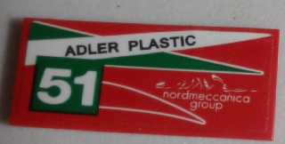 Lego Tile 2 x 4 with 'ADLER PLASTIC', '51' and 'nordmeccanica group' Pattern Model Left Side (Sticker) - Set 75908 / Red