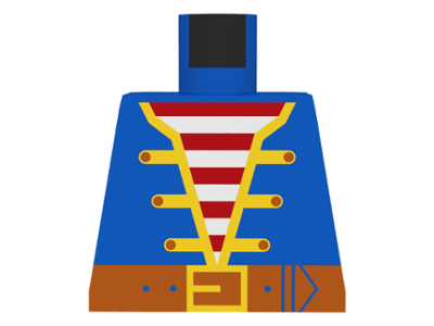 Lego Torso Pirate Jacket Open with Yellow Trim over Shirt with Red and White Horizontal Stripes, Dark Orange Belt with Buckle Pattern / Blue
