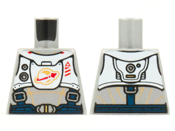 Lego Torso Spacesuit with Gold Lines, Dark Blue Harness with Silver Buckles, and White Panel with Classic Space Logo Pattern / Flat Silver