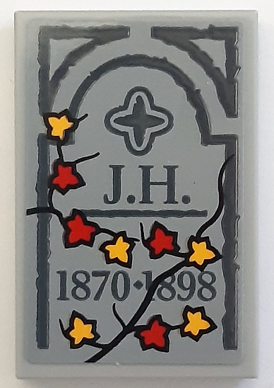 Lego Tile 2 x 3 with Tombstone, Dark Bluish Gray 'J.H. 1870-1898' and Leaves Pattern (Sticker) - Set 910049