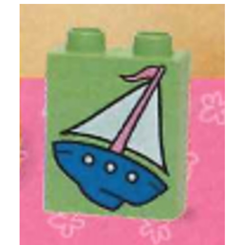 Lego Duplo Brick 1 x 2 x 2 with Sailboat Print / Medium Green