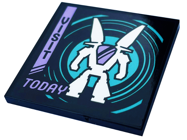 Lego Tile 4 x 4 with Lavender Stripe and 'VISIT TODAY', White Mech Robot and Dark Turquoise Circles Pattern (Sticker) - Set 60407 / Black