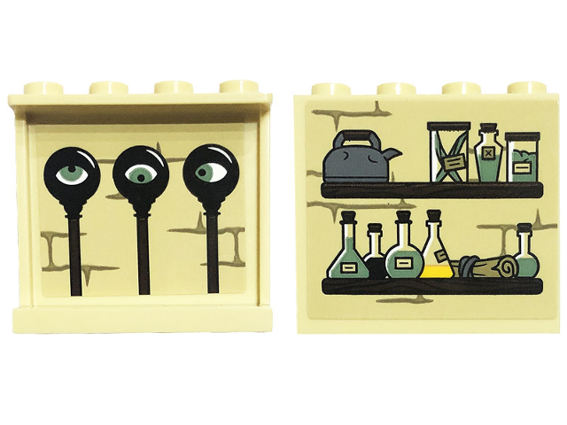 Lego Panel 1 x 4 x 3 with Side Supports - Hollow Studs with Bricks, Jars, Bottles and Kettle on Shelf on Outside and Eyes on Inside Pattern (Sticker) - Set 76397