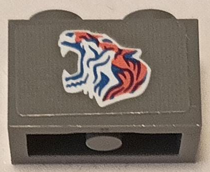 Lego Brick 1 x 2 with Blue, Coral and White Roaring Tiger Pattern Model Left Side (Sticker) - Set 75573 / Dark Bluish Gray