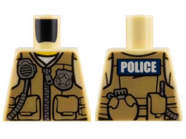 Lego Torso Police Shirt with Dark Tan Vest with Pockets, Silver Radio and Badge, Zipper and 'POLICE' Pattern on Back / Tan