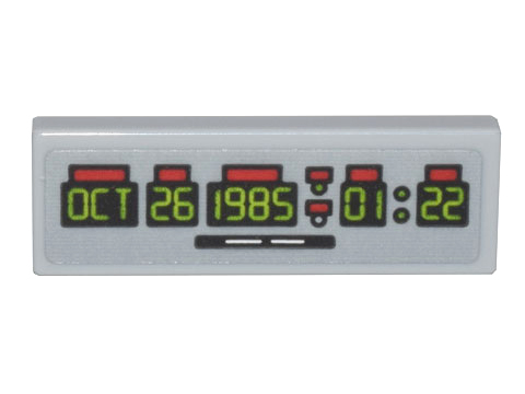 Lego Tile 1 x 3 with Time Machine Digital Clock Lime 'OCT 26 1985 01:22' Pattern (Sticker) - Set 10300 / Light Bluish Gray