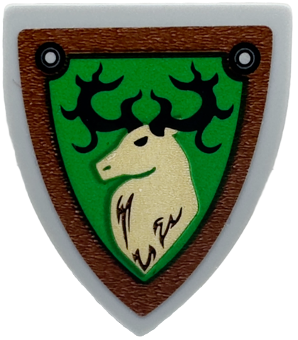 Lego Minifigure, Shield Triangular Short with Forestmen Elk / Deer Head on Green Background with Reddish Brown Border Pattern (Sticker) - Set 910001 / Light Bluish Gray