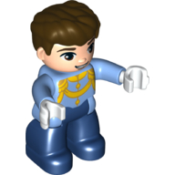 Lego Duplo Figure with Thick Hair Combed Forward, with Gold Details on Shirt, Dark Blue Legs, White Hands (Prince)