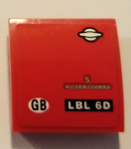 Lego Slope, Curved 2 x 2 x 2/3 with Trunk Handle, 'MORRIS COOPER', 'GB' and 'LBL 6D' Pattern (Sticker) - Set 75894