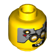 Lego Minifig Head Drillex, Glasses with Silver Goggles, Metal Plates with Circuitry on Forehead, Smiling / Angry Print / Yellow