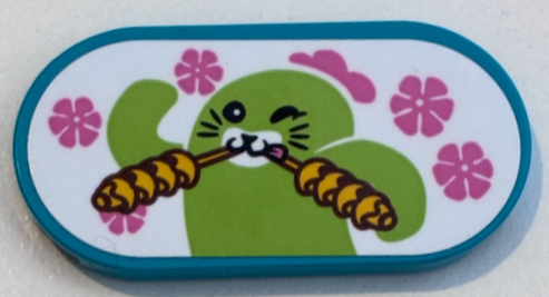 Lego Tile, Round 2 x 4 Oval with Lime Cactus Eating Corn Sticks and Dark Pink Flowers on White Background Pattern (Sticker) - Set 71459