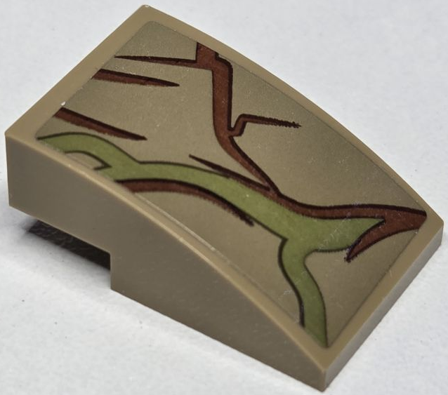 Lego Slope, Curved 3 x 2 with Reddish Brown Tree Bark Plates and Olive Green Vines Pattern (Sticker) - Set 76217