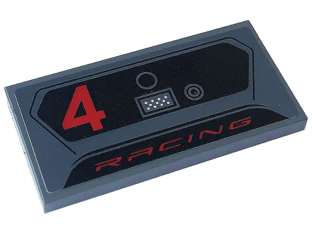 Lego Tile 2 x 4 with Red Number 4 and 'RACING' Pattern (Sticker) - Set 76903 / Dark Bluish Gray