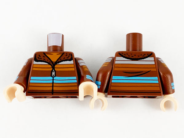 Lego Torso Jacket with Zipper and Multicolor Stripes Pattern / Reddish Brown Arms with Light Bluish Gray, Orange and Medium Azure Stripes Pattern / Light Nougat Hands