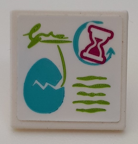 Lego Road Sign 2 x 2 Square with Open O Clip with Medium Azure Egg, Magenta Hourglass and Lime Writing Pattern (Sticker) - Set 41173