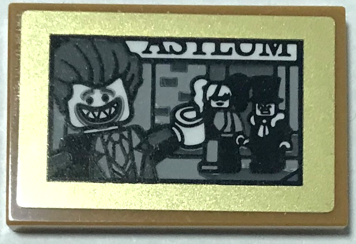 Lego Tile 2 x 3 with Picture of The Joker, Harley Quinn and Penguin Minifigures and 'ASYLUM' in Gold Frame Pattern (Sticker) - Set 70922 / Medium Nougat