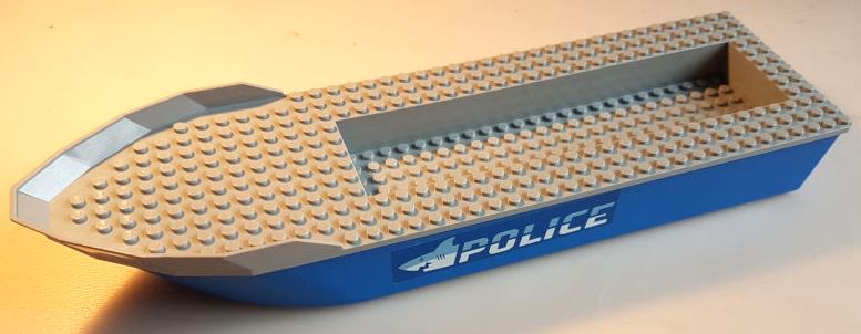 Lego Boat, Hull Unitary 41 x 12 x 5 with Light Bluish Gray Top with Bright Light Blue and White 'POLICE' and Shark Head Pattern on Both Sides (Stickers) - Set 60277