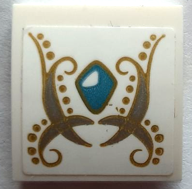 Lego Slope, Curved 2 x 2 x 2/3 with Gold Elves Scrollwork and Dots and Medium Azure Gem Pattern (Sticker) - Set 41195
