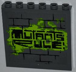 Lego Panel 1 x 6 x 5 with Graffiti Tag 'MUTANTS RULE!' on Brick Wall Pattern (Sticker) - Set 79103 / Dark Bluish Gray