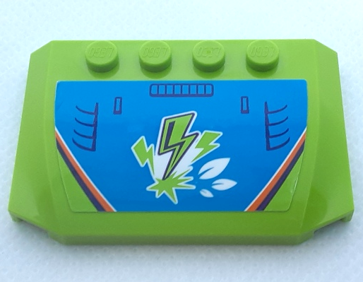Lego Wedge 4 x 6 x 2/3 Triple Curved with Lime Lightning Bolts, Leaves, Dark Blue Air Intake Vents, Dark Purple, Orange and White Stripes on Dark Azure Background Pattern (Sticker) – Set 41371 / Lime