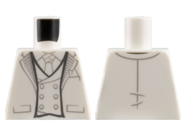 Lego Torso Suit Jacket Open with Pockets and Light Bluish Gray Lines on Lapels over Vest with Buttons, Tie, Pocket Square Pattern / White