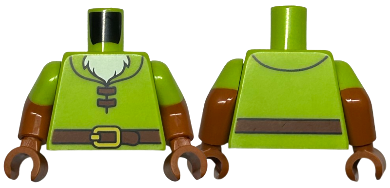 Lego Torso Shirt with Reddish Brown Belt with Yellow Buckle, White Beard Pattern / Dark Orange Arms with Molded Lime Sleeves Pattern / Dark Orange Hands