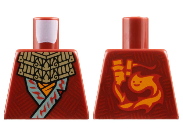 Lego Torso Ninja Robe with Sand Green Hems and Red Lines over Orange Shirt, Dark Tan Ornate Necklace, Ninjago Logogram 'WF!' and Flame with Face Logo on Back Pattern / Dark Red