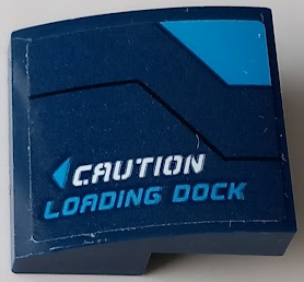 Lego Slope, Curved 2 x 2 x 2/3 with White 'CAUTION', Dark Azure 'LOADING DOCK', Triangle and Stripe Pattern Model Right Side (Sticker) - Set 60196
