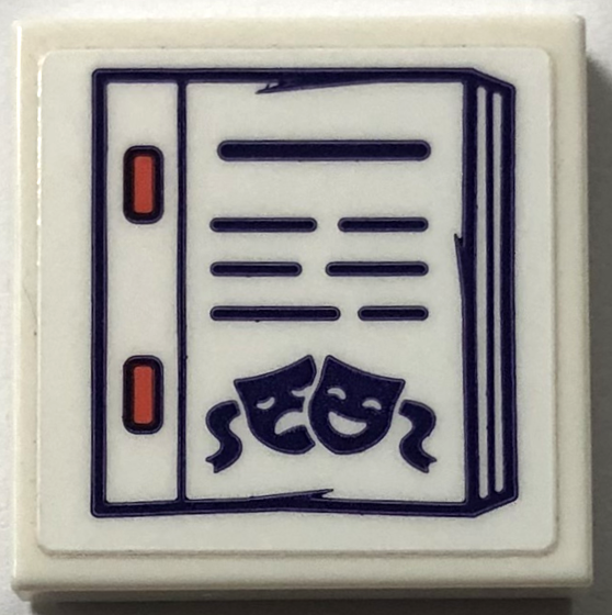 Lego Tile 2 x 2 with Dark Purple Script and Tragedy/Comedy Theater Masks Pattern (Sticker) - Set 41714 / White