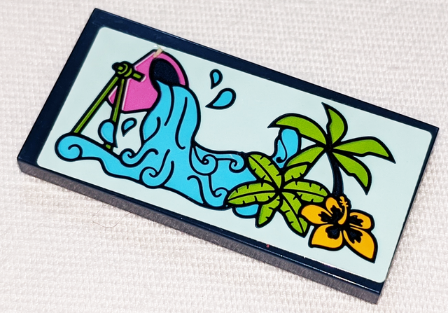 Lego Tile 2 x 4 with Dark Pink Bucket, Medium Azure Water, Palm Trees and Bright Light Orange Flower Pattern (Sticker) - Set 41347 / Dark Blue
