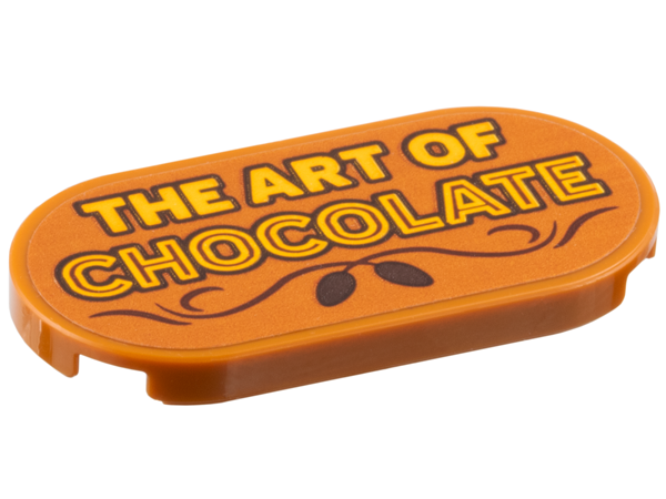 Lego Tile, Round 2 x 4 Oval with Bright Light Orange 'THE ART OF CHOCOLATE', Reddish Brown Filigree, Dark Brown Cocoa Beans Pattern (Sticker) - Set 910039 / Dark Orange
