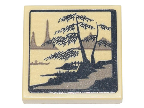 Lego Tile, Modified 2 x 2 Inverted with Ink Wash Painting of Trees, Bridge and Boat Pattern (Sticker) - Set 71741