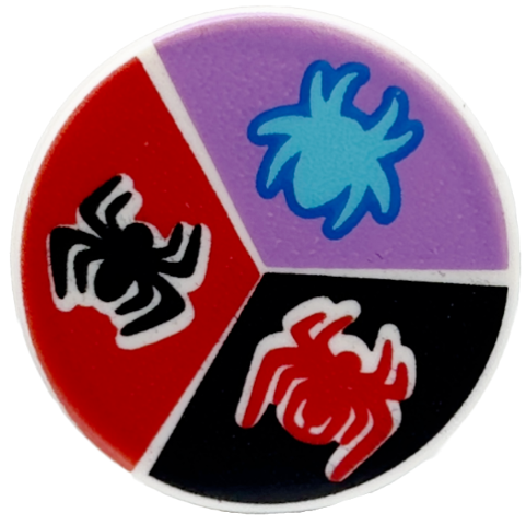 Lego Tile, Round 2 x 2 with Bottom Stud Holder with Red, Black, and Medium Azure Spiders on Black, Red, and Medium Lavender Background Pattern