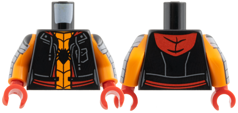 Lego Torso Hoodie Vest with Pocket and Drawstrings, Red Trim and Hood, Orange Shirt, Black Spider and Webbing Pattern / Orange Arms with Dark Bluish Gray Armor and Black Webbing Pattern / Red Hands