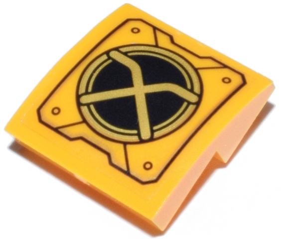 Lego Slope, Curved 2 x 2 x 2/3 Inverted with Mechanical Panel with Stylized Ninjago Logogram Letter A on Black and Gold Circle Pattern (Sticker) - Set 71837
