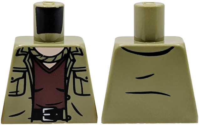 Lego Torso Shirt Open with Pockets and Neckerchief over Dark Red Undershirt, Black Belt with Silver Buckle, Light Nougat Neck Pattern