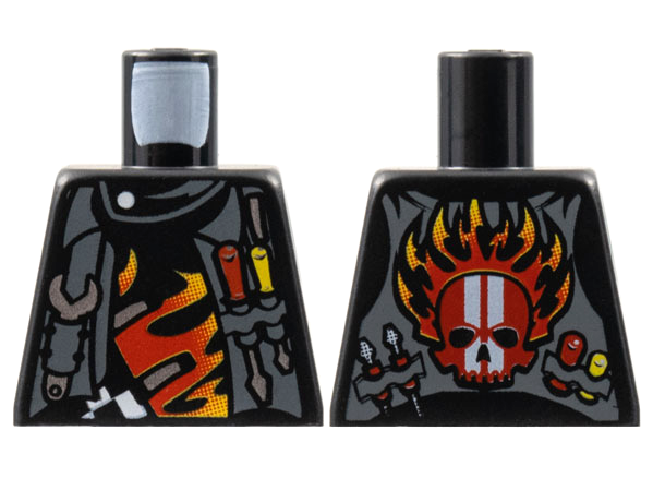Lego Torso World Racers - Vest and Tools on Front, Skull and Flames on Back Pattern / Black