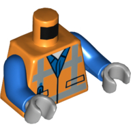 Lego Torso Safety Vest with Reflective Crossed Stripes over Blue Shirt Print, Blue Arms, Light Bluish Gray Hands / Orange
