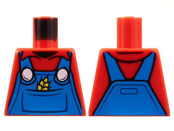 Lego Torso Overalls Blue with White Buttons, Wheat Spike in Pocket, Shirt Lapels Pattern / Red