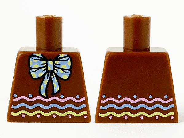 Lego Torso with Bright Light Blue Bow with Polka Dots, Bright Pink, Bright Light Yellow Wavy Lines Pattern (BAM) / Reddish Brown