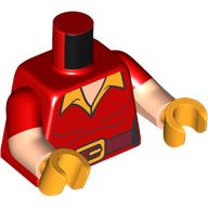 Lego Torso, Dual Molded Arms, Tunic, Dark Red Belt, Gold Belt Buckles, Bright Light Orange Collar print, Red Sleeves Pattern, Medium Nougat Arms, Bright Light Orange Hands / Red