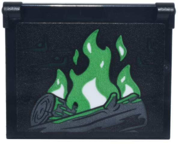 Lego Glass for Window 1 x 4 x 3 - Opening with Fireplace, Dark Bluish Gray Logs and Bright Green and White Flames Pattern (Sticker) - Set 76471 / Black